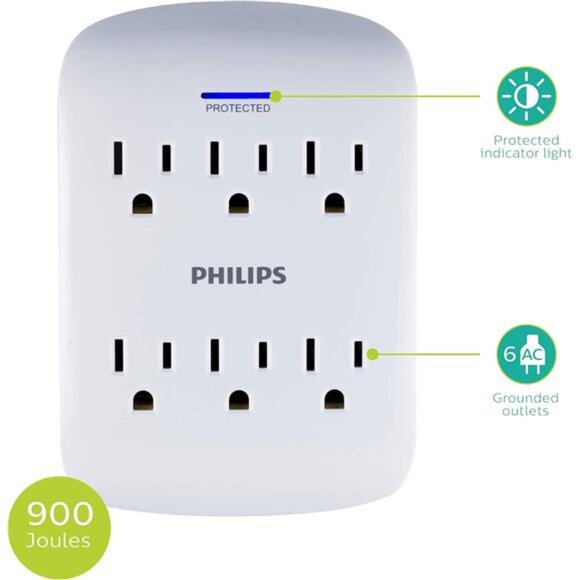 6-Outlet Extender Surge Protector, 2 Pack, Wall Tap, 900 Joules, 3-Prong - Picture 2 of 7